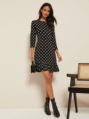 Friends Like These Black/White Polka Dot Petite Fit And Flare Round Neck 3/4 Sleeve Dress - Image 3 of 4