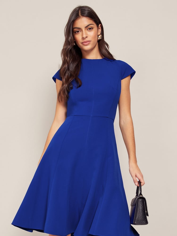 Friends Like These Cobalt Blue Fit and Flare Cap Sleeve Tailored Dress - Image 1 of 4 Friends Like These Cobalt Blue Fit and Flare Cap Sleeve Tailored Dress - Image 1 of 4