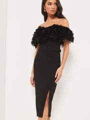 Lipsy Black Premium Feather Belted Bardot Dress - Image 1 of 4