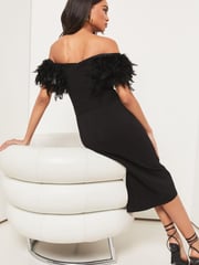 Lipsy Black Premium Feather Belted Bardot Dress - Image 2 of 4