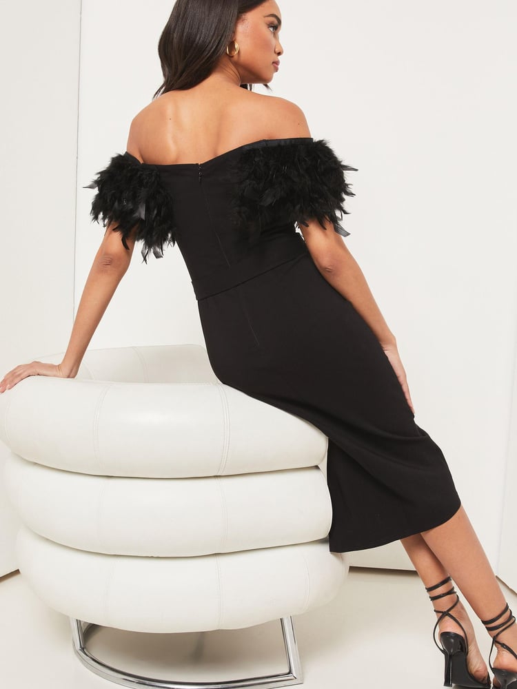Lipsy Black Premium Feather Belted Bardot Dress - Image 2 of 4
