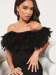 Lipsy Black Premium Feather Belted Bardot Dress - Image 4 of 4