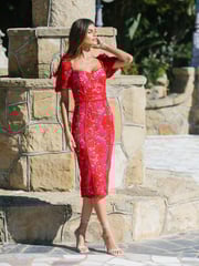 Lipsy Pink Premium Sweetheart Neck Lace Puff Sleeve Midi Dress - Image 1 of 4