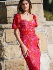 Lipsy Pink Premium Sweetheart Neck Lace Puff Sleeve Midi Dress - Image 2 of 4