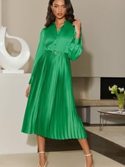 Lipsy Green Pleated Midi Summer Shirt Dress - Image 2 of 4