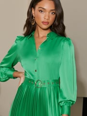Lipsy Green Pleated Midi Summer Shirt Dress - Image 3 of 4
