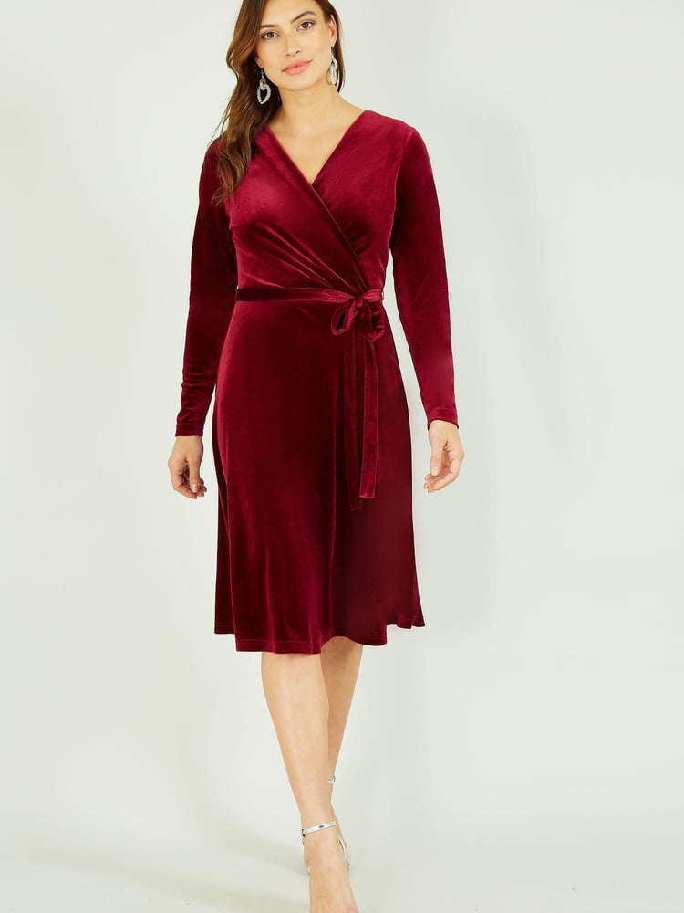 Yumi Burgundy Red Velvet Wrap Around Dress - Image 1 of 3