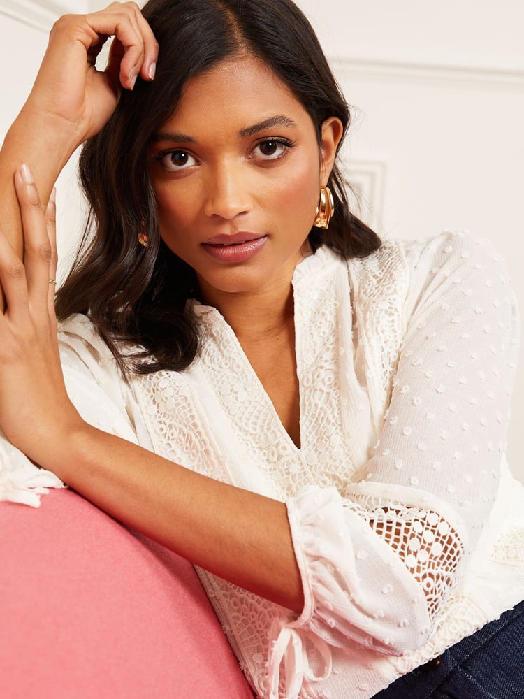 Love & Roses Ivory Ruffle Neck Lace Trim Tie Cuff 3/4 Sleeve Dobby Spot Blouse - Image 1 of 3