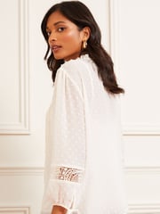 Love & Roses Ivory Ruffle Neck Lace Trim Tie Cuff 3/4 Sleeve Dobby Spot Blouse - Image 2 of 3