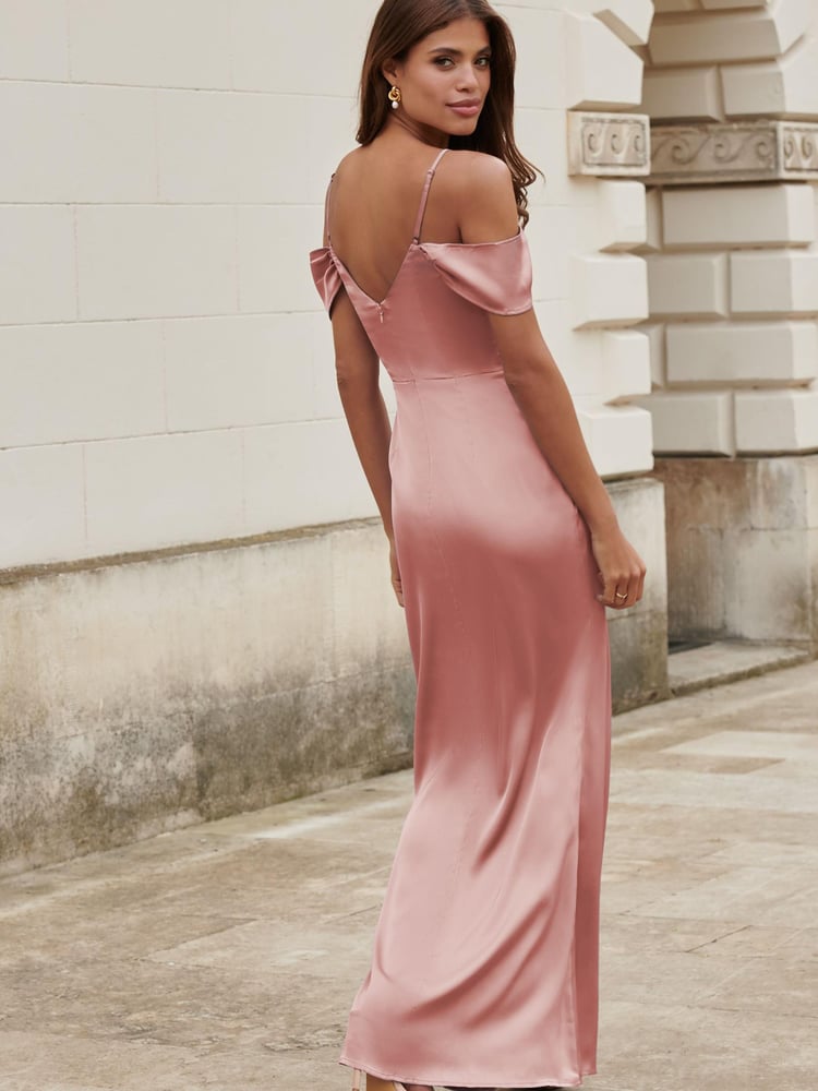 Lipsy Blush Pink Off the Shoulder Strappy Satin Bridemaid Dress - Image 2 of 3 Lipsy Blush Pink Off the Shoulder Strappy Satin Bridemaid Dress - Image 2 of 3