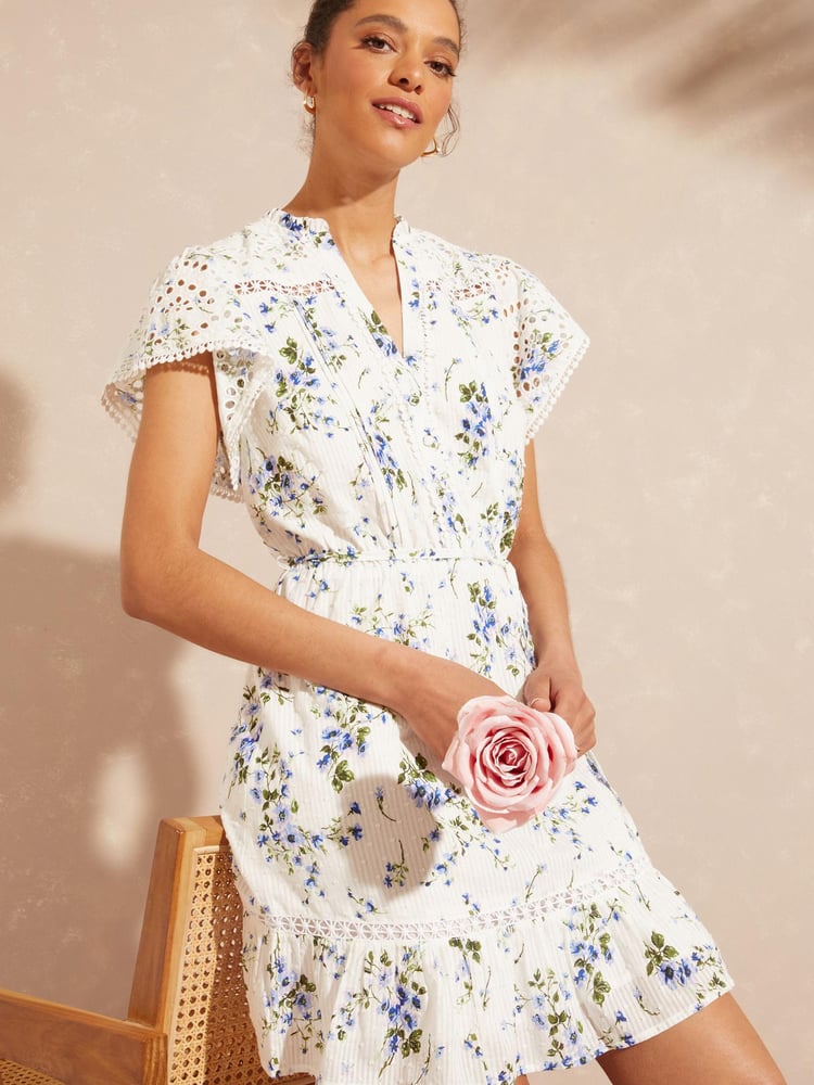 Love & Roses White Floral Broderie Lace Ruffle V Neck Tie Front Short Sleeve Trim Skater Dress - Image 1 of 4
