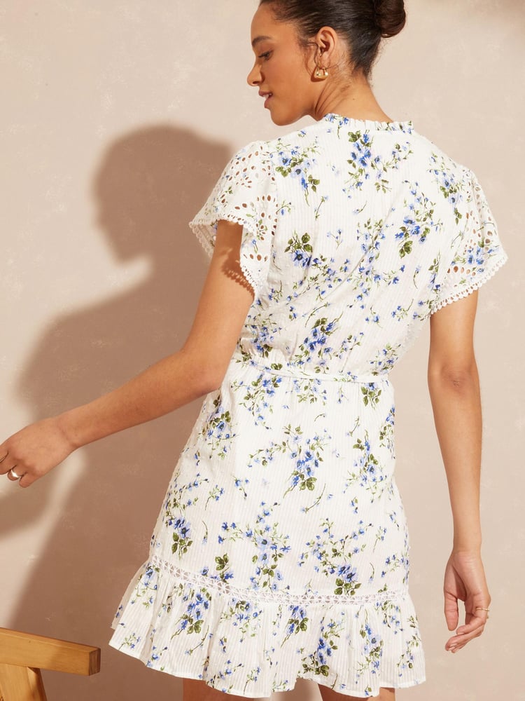 Love & Roses White Floral Broderie Lace Ruffle V Neck Tie Front Short Sleeve Trim Skater Dress - Image 2 of 4