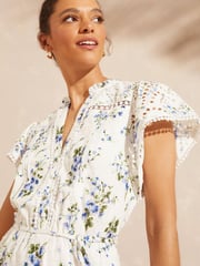 Love & Roses White Floral Broderie Lace Ruffle V Neck Tie Front Short Sleeve Trim Skater Dress - Image 3 of 4