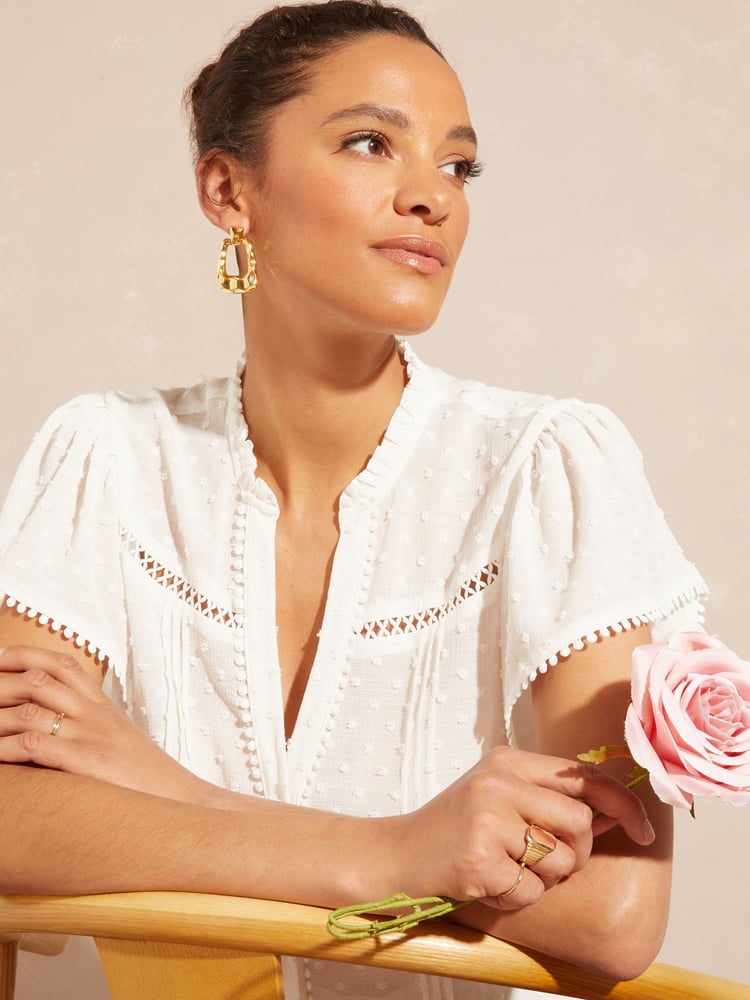 Love & Roses Ivory Dobby Spot Ruffle V Neck Flutter Sleeve Blouse - Image 2 of 4 Love & Roses Ivory Dobby Spot Ruffle V Neck Flutter Sleeve Blouse - Image 2 of 4