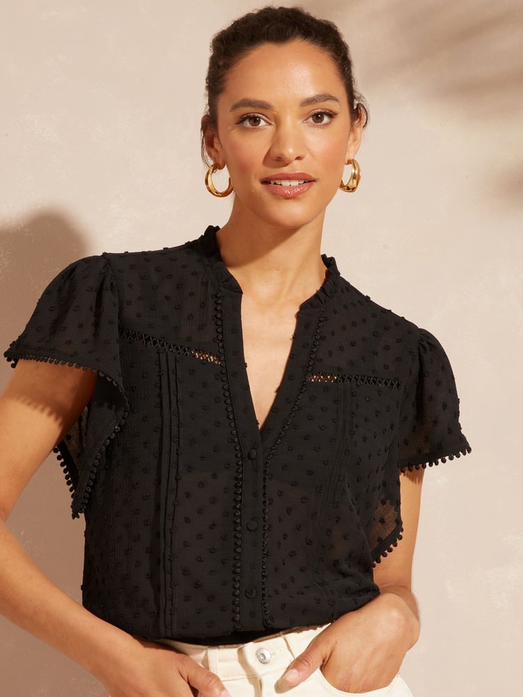 Love & Roses Black Dobby Spot Ruffle V Neck Flutter Sleeve Blouse - Image 1 of 4 Love & Roses Black Dobby Spot Ruffle V Neck Flutter Sleeve Blouse - Image 1 of 4