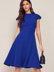 Friends Like These Cobalt Blue Petite Tailored Fit and Flare Short Sleeve Skater Dress - Image 1 of 4
