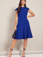 Friends Like These Cobalt Blue Petite Tailored Fit and Flare Short Sleeve Skater Dress - Image 3 of 4