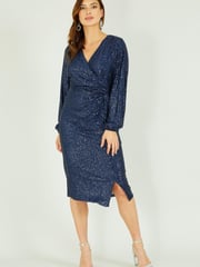 Yumi Navy Blue Sequin Long Sleeve Ruched Wrap Dress - Image 1 of 5