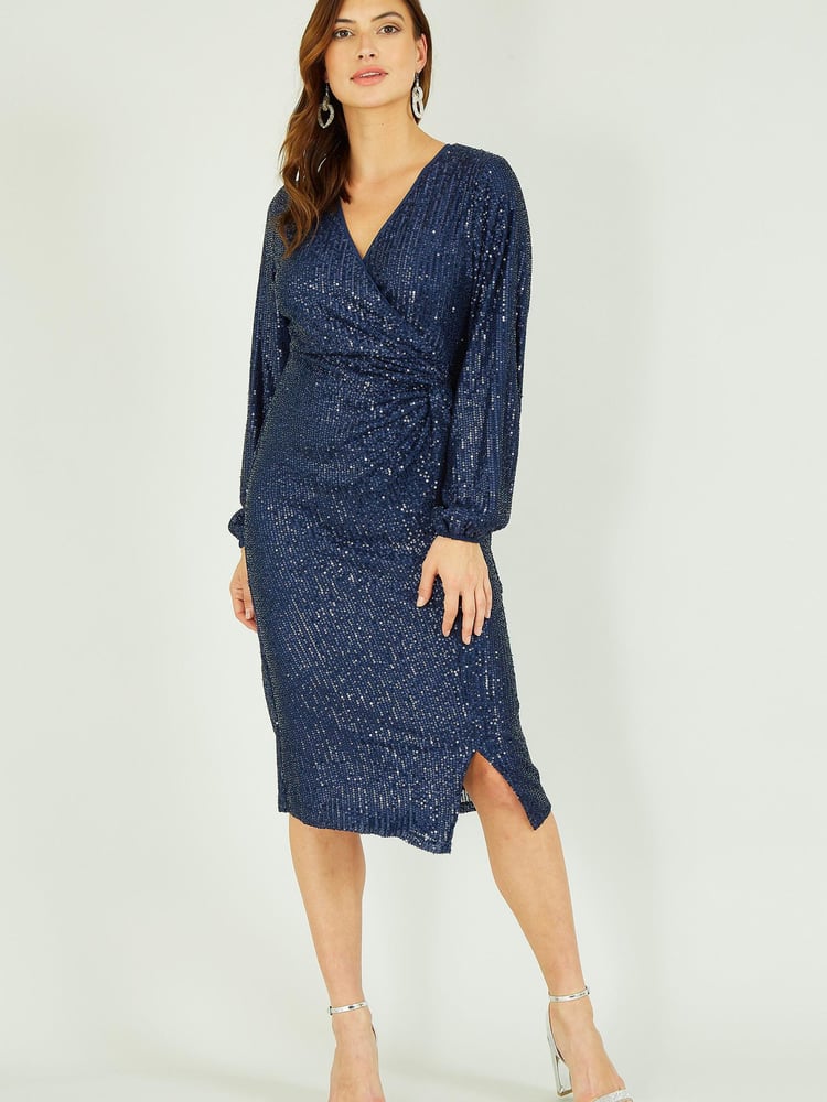 Yumi Navy Blue Sequin Long Sleeve Ruched Wrap Dress - Image 1 of 5