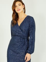 Yumi Navy Blue Sequin Long Sleeve Ruched Wrap Dress - Image 2 of 5