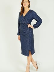 Yumi Navy Blue Sequin Long Sleeve Ruched Wrap Dress - Image 3 of 5