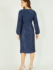 Yumi Navy Blue Sequin Long Sleeve Ruched Wrap Dress - Image 4 of 5