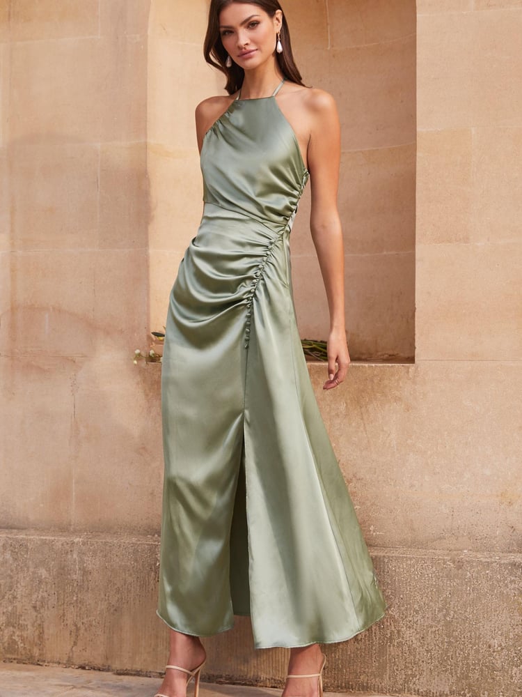 Lipsy Green Ciara Satin Split Halter Bridesmaid Maxi Dress - Image 1 of 4 Lipsy Green Ciara Satin Split Halter Bridesmaid Maxi Dress - Image 1 of 4