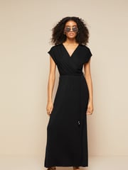 Friends Like These Black Short Sleeve Wrap V Neck Tie Waist Summer Maxi Dress - Image 1 of 4