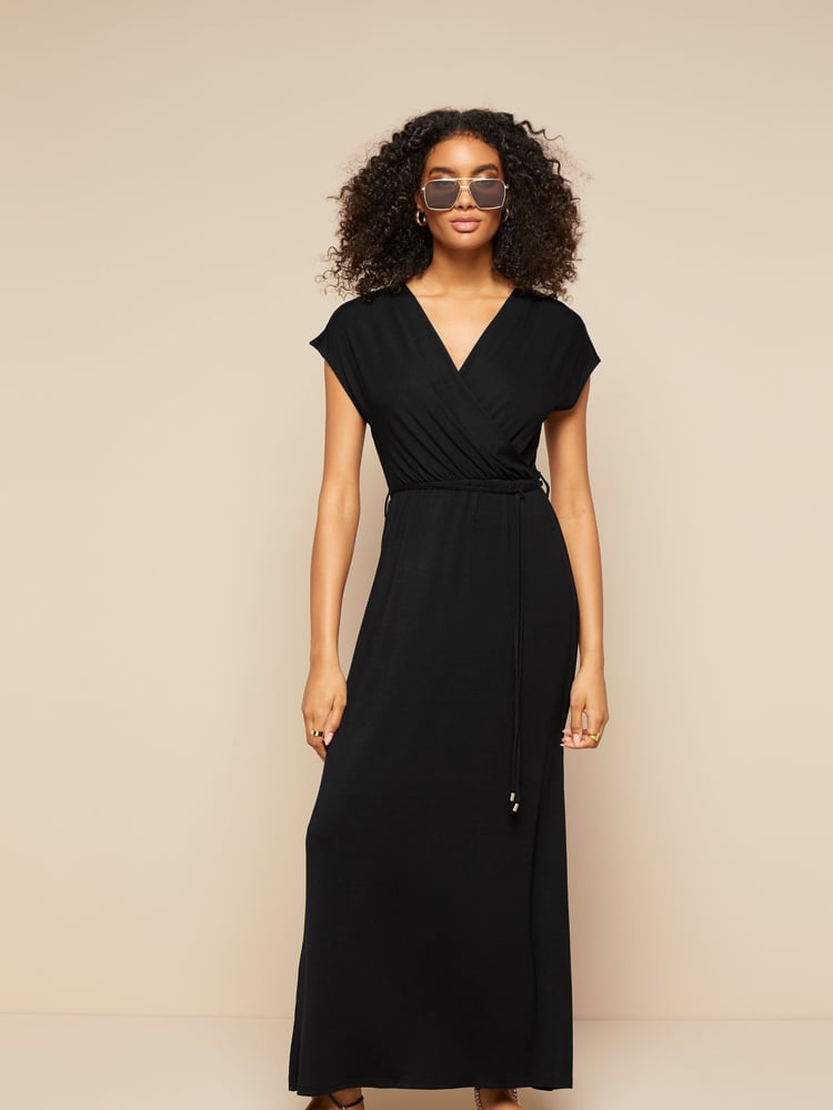 Friends Like These Black Short Sleeve Wrap V Neck Tie Waist Summer Maxi Dress - Image 1 of 4