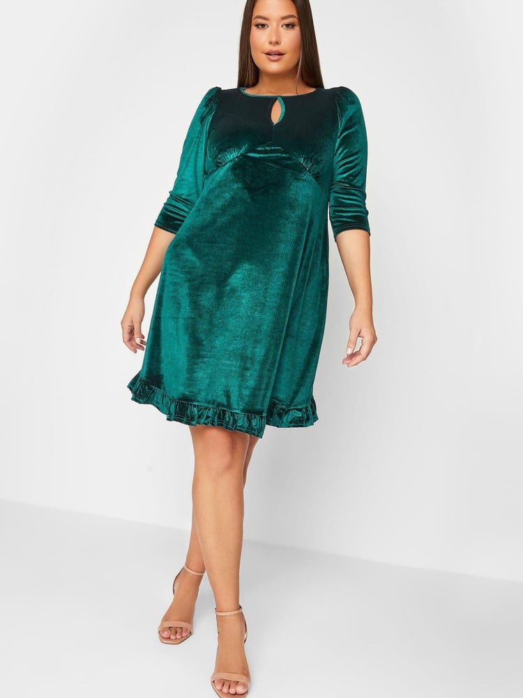 Yours Curve Green Velvet Key Hole Dress - Image 1 of 4