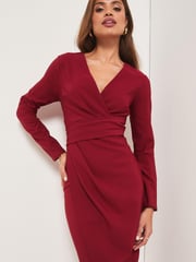 Lipsy Red V Neck Long Sleeve Bodycon Dress - Image 1 of 4