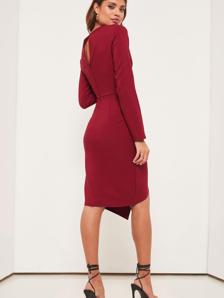 Lipsy Red V Neck Long Sleeve Bodycon Dress - Image 2 of 4