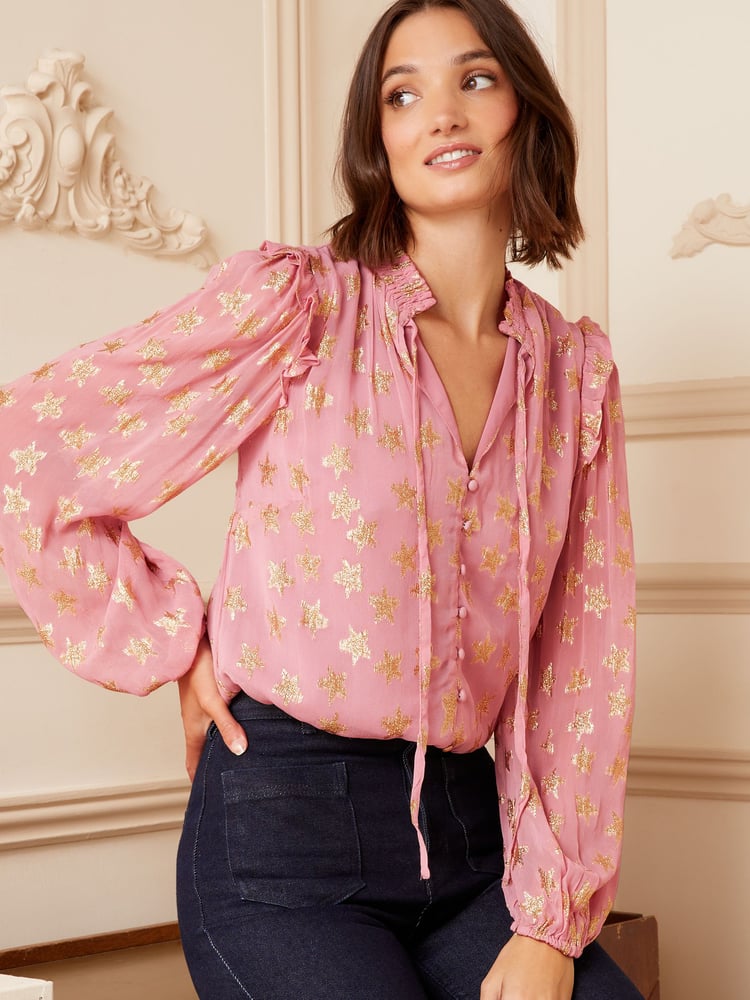 Love & Roses Pink Star Metallic Ruffle Sheer Tie Neck Long Sleeve Blouse - Image 1 of 4