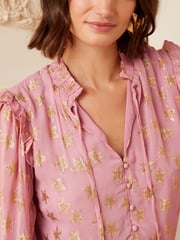 Love & Roses Pink Star Metallic Ruffle Sheer Tie Neck Long Sleeve Blouse - Image 2 of 4