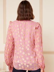 Love & Roses Pink Star Metallic Ruffle Sheer Tie Neck Long Sleeve Blouse - Image 3 of 4