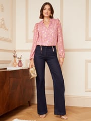 Love & Roses Pink Star Metallic Ruffle Sheer Tie Neck Long Sleeve Blouse - Image 4 of 4