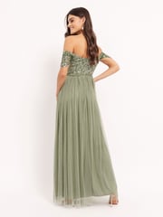 Maya Sage Green Bardot Delicate Sequin Tulle Maxi Dress with Split - Image 2 of 4