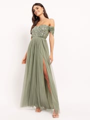 Maya Sage Green Bardot Delicate Sequin Tulle Maxi Dress with Split - Image 3 of 4