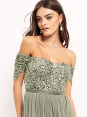 Maya Sage Green Bardot Delicate Sequin Tulle Maxi Dress with Split - Image 4 of 4