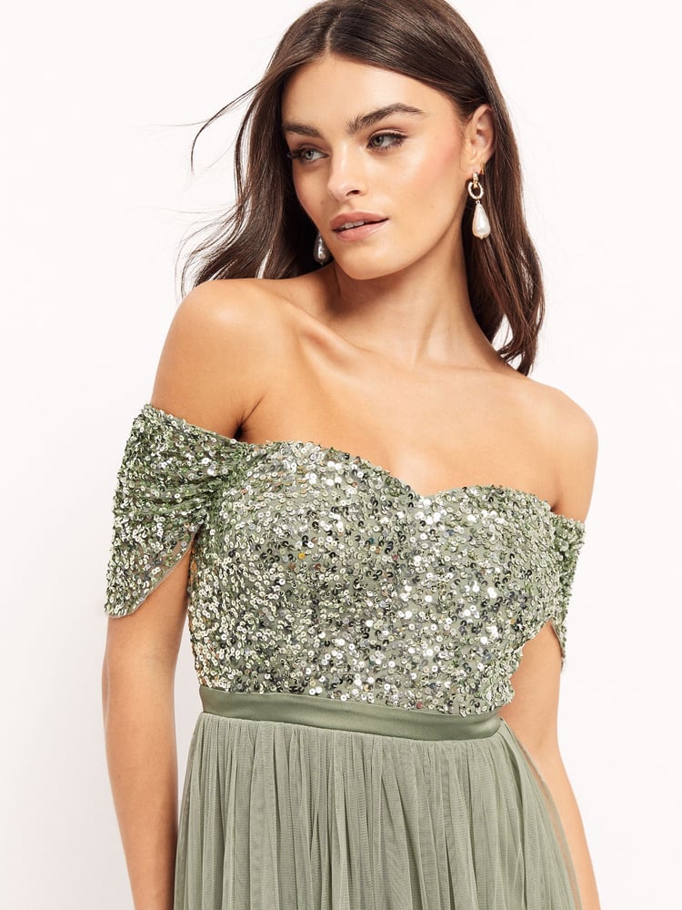 Maya Sage Green Bardot Delicate Sequin Tulle Maxi Dress with Split - Image 4 of 4