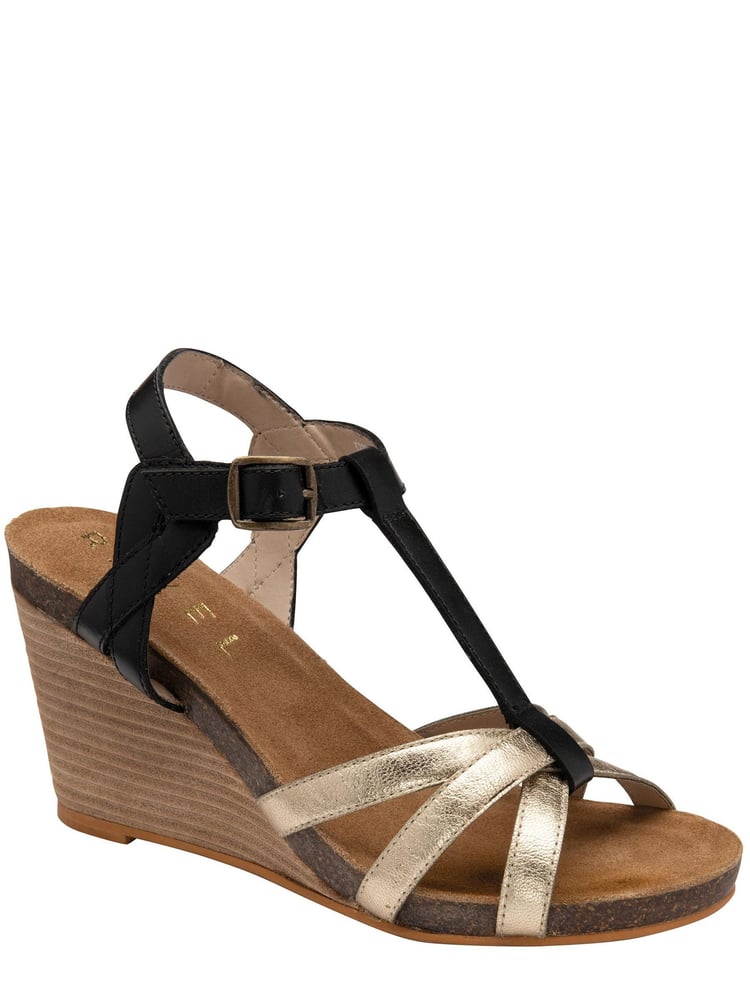 Ravel Black/Gold Gladiator Leather Wedge Sandal With Buckle Fastening - Image 1 of 4
