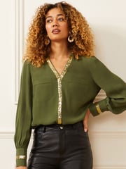 Love & Roses Khaki Green Sequin V Neck Long Sleeve Blouse - Image 1 of 4