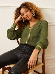 Love & Roses Khaki Green Sequin V Neck Long Sleeve Blouse - Image 2 of 4