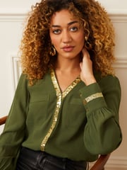Love & Roses Khaki Green Sequin V Neck Long Sleeve Blouse - Image 3 of 4