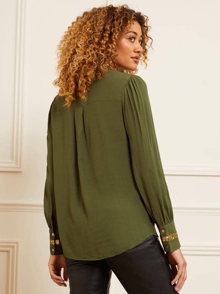Love & Roses Khaki Green Sequin V Neck Long Sleeve Blouse - Image 4 of 4