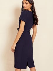 Friends Like These Navy Short Sleeve Belted V Neck Tailored Midi Dress - Image 2 of 4