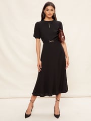 Friends Like These Black Tulip Sleeve Belted Flute Hem Midi Dress - Image 1 of 4