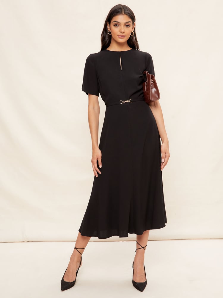 Friends Like These Black Tulip Sleeve Belted Flute Hem Midi Dress - Image 1 of 4