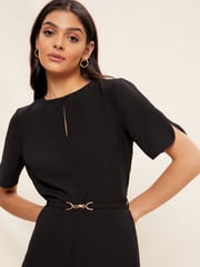 Friends Like These Black Tulip Sleeve Belted Flute Hem Midi Dress - Image 2 of 4