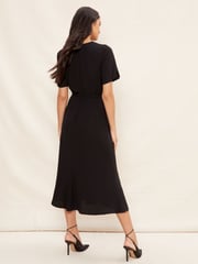 Friends Like These Black Tulip Sleeve Belted Flute Hem Midi Dress - Image 4 of 4